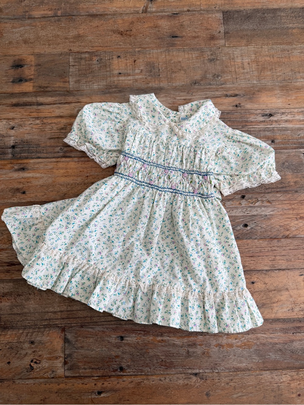Nannette Cream Dress with Green Floral Smocking